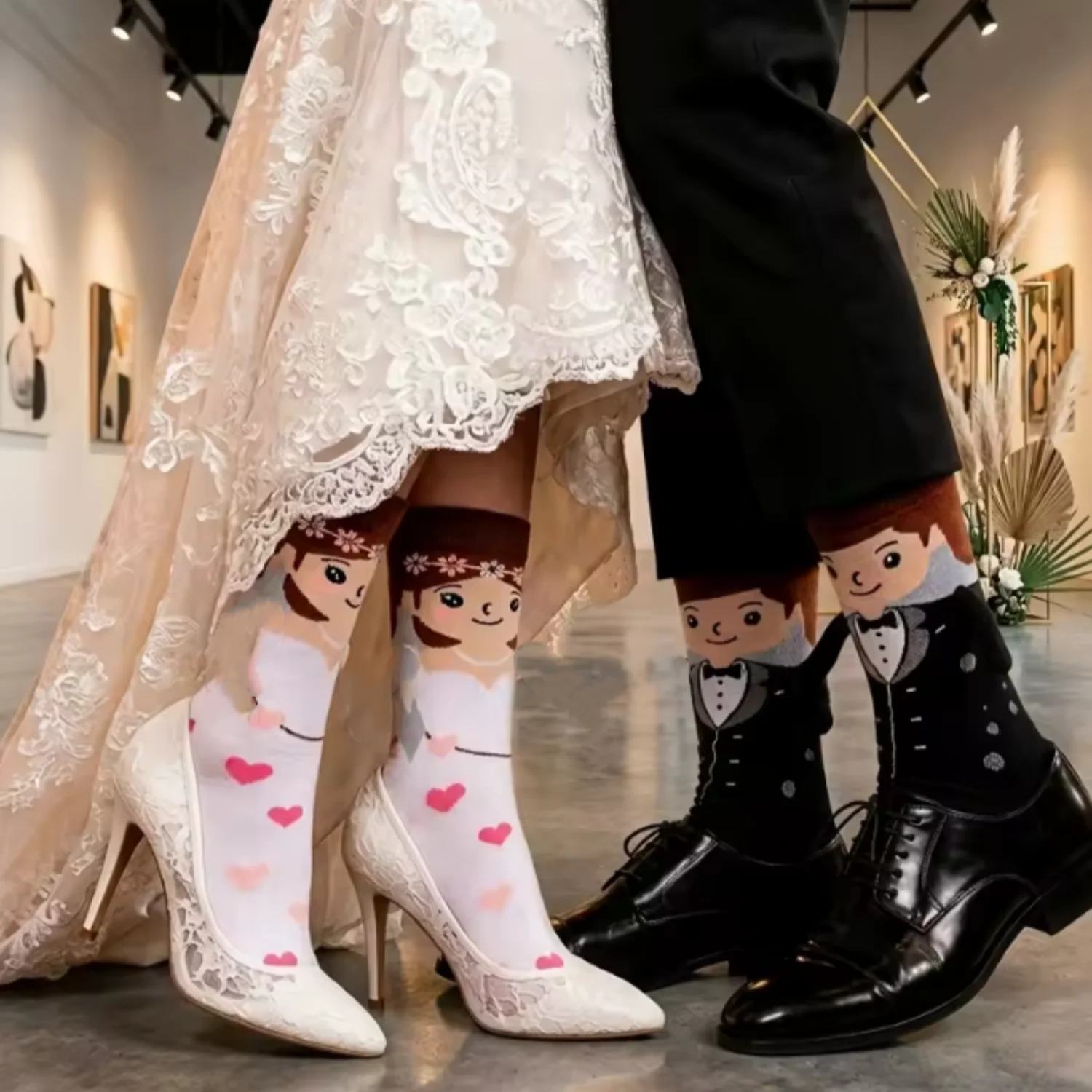 Two pairs of wedding socks for both men and women, bridal set, groom, cartoon style, fun wedding gift accessories