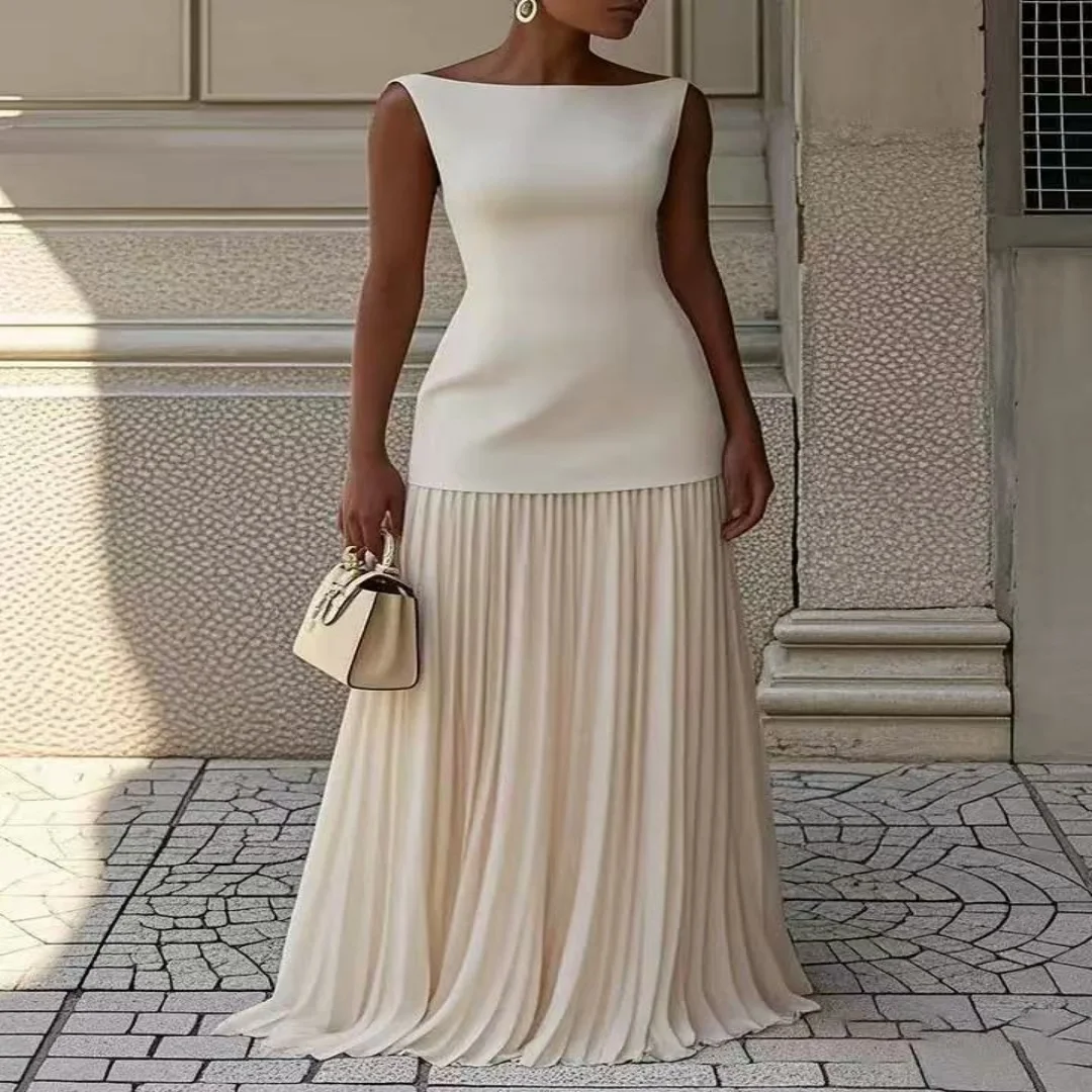 Women Elegant Solid Splice Pleated Skirts Set Sexy Slash Neck Sleeveless Tank Boho Dress Summer Hollow Slim Maxi Skirts   3.5