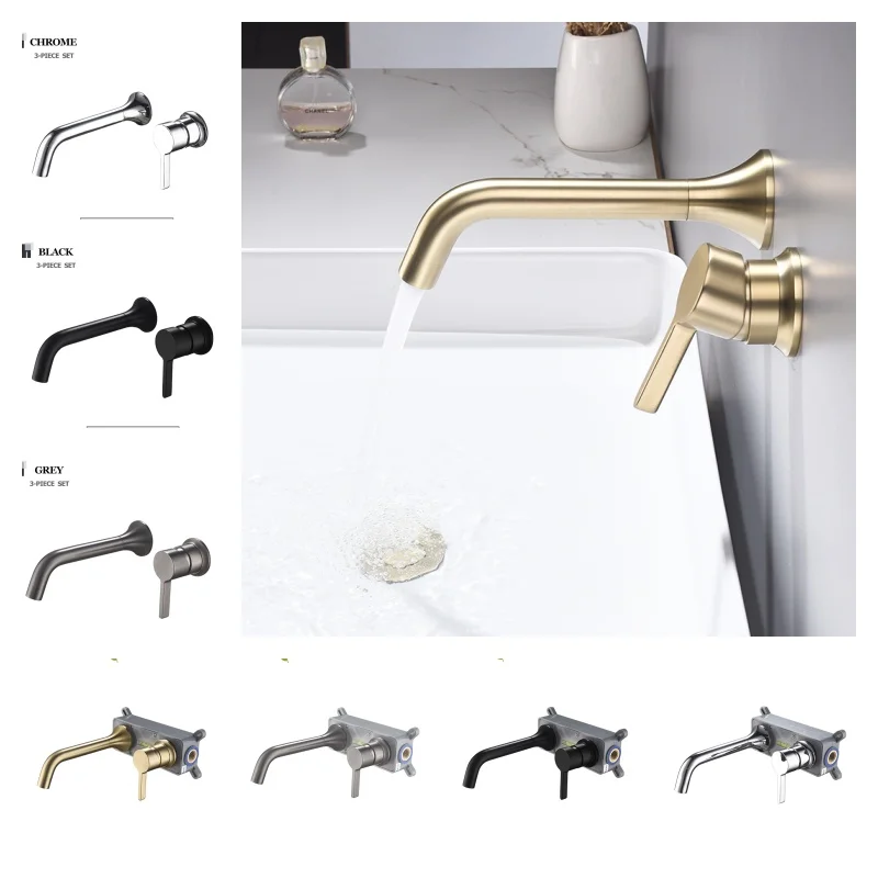 

Basin Faucet Brushed Gold Wall Mounted Bathroom Sink Faucet Bathtub Single Handle Chrome Black Grey Mixer Taps Torneira