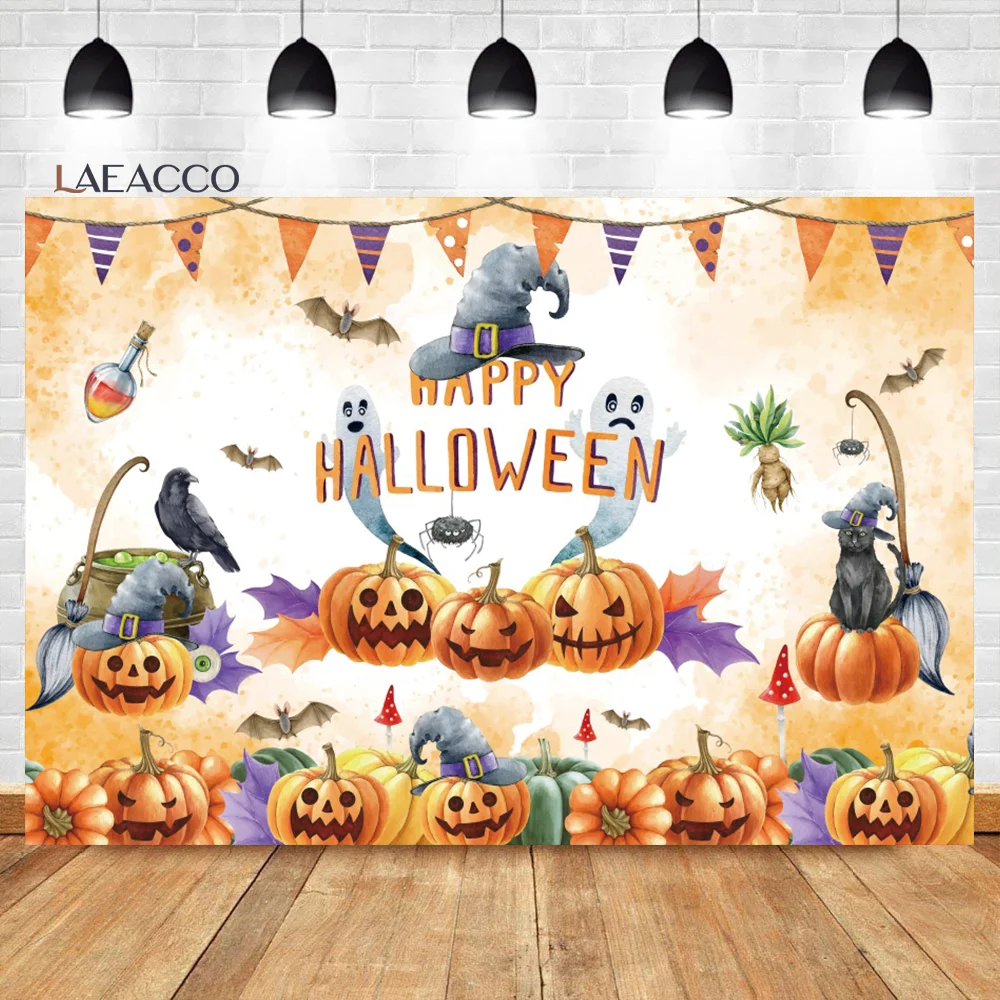 

Laeacco Happy Halloween Backdrop Cartoon Pumpkin Lantern Ghost Bat Girls Boys Birthday Baby Shower Party Photography Background