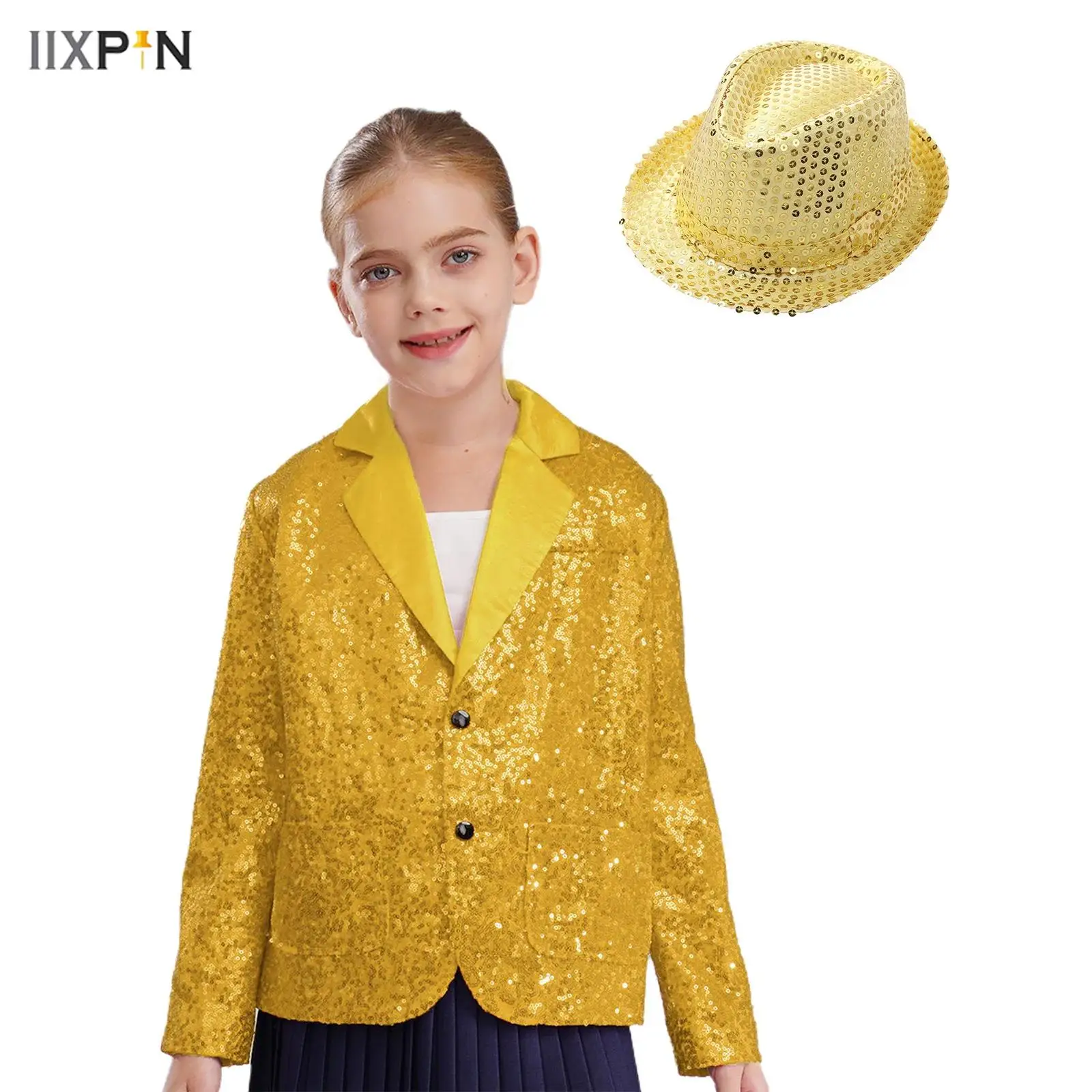 

2Pcs/Set Kids Girls Jazz Dance Outfit Lapel Long Sleeve Sparkly Sequins Blazer Jacket+Hat for Hip Hop Dance Stage Performance