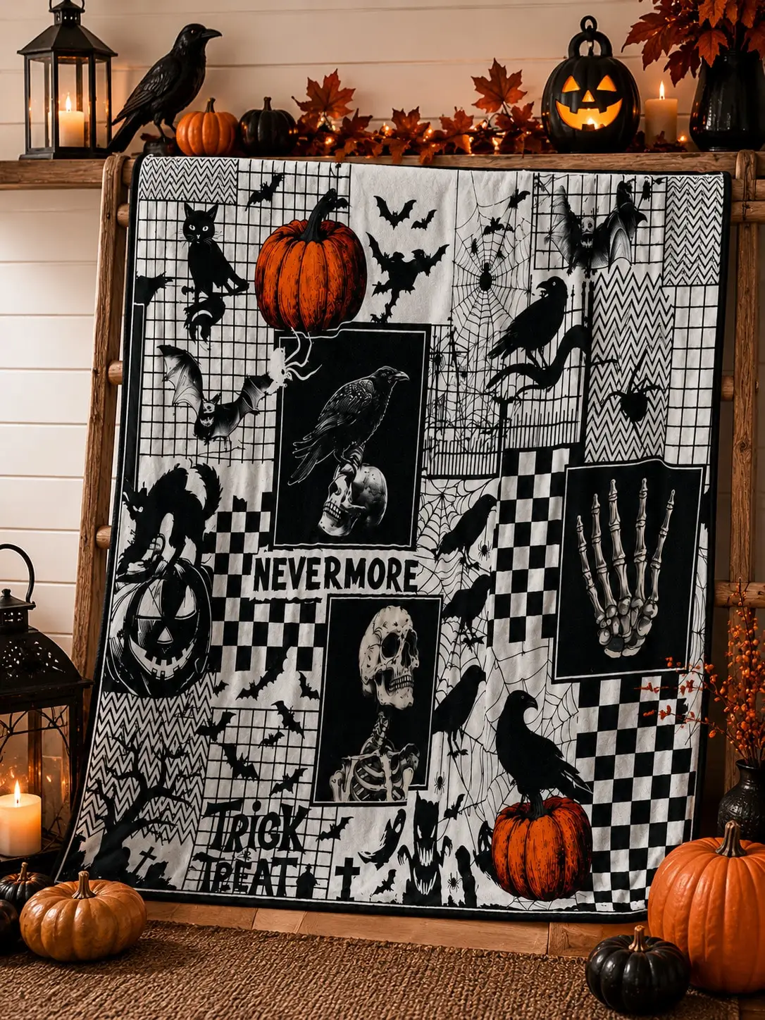 Halloween Flannel Blankets & Throws Raven Skull Pumpkin Gothic Decor Nevermore Sofa Throw Bed Blanket Living Room Bedroom Couch Office Travel Nap Home Decor Holiday Gift for Mom Dad Sister Brother Wife Husband Grandma Grandpa Friend Anniversary