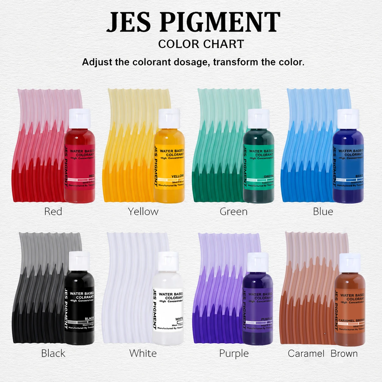 8-color 55ml high-concentration water-based colorants, ideal for gypsum & DIY craft coloring. 55ml each bottle