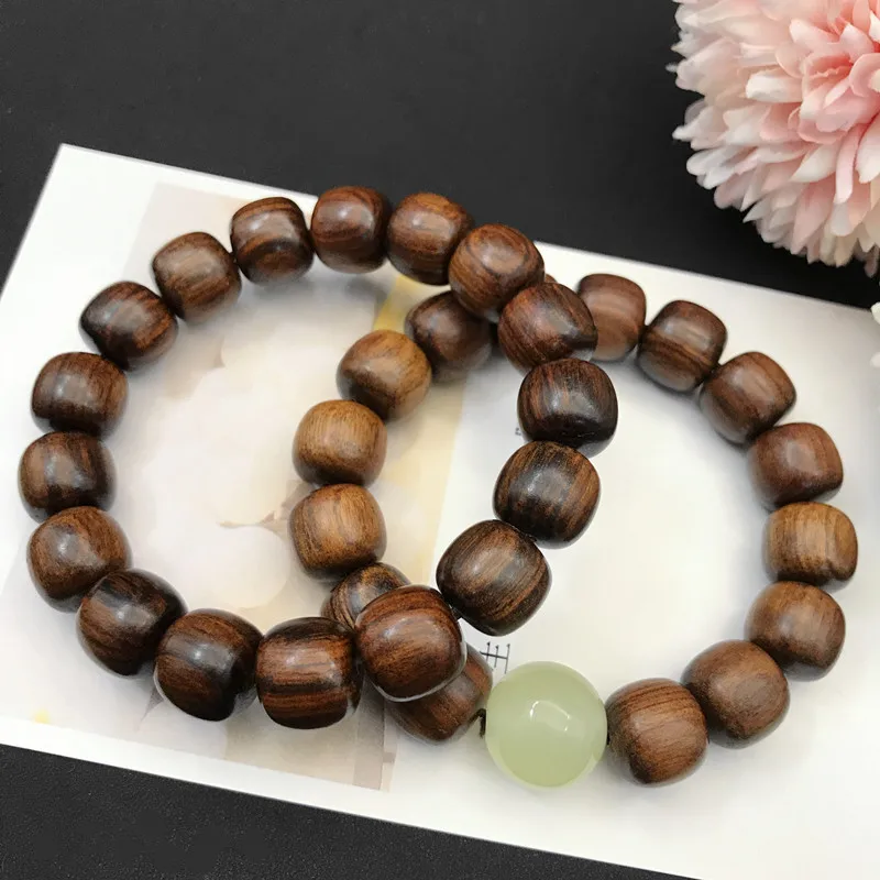 Black rosewood barrel , stone sandalwood Buddhist , collectible hand bracelet for men and women, prayer beads