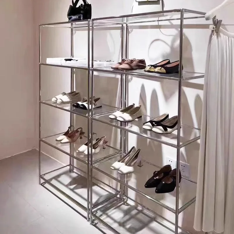 Stainless steel clothing store shoe shelf bag shoe rack jewelry display glass display cabinet product  cabinet