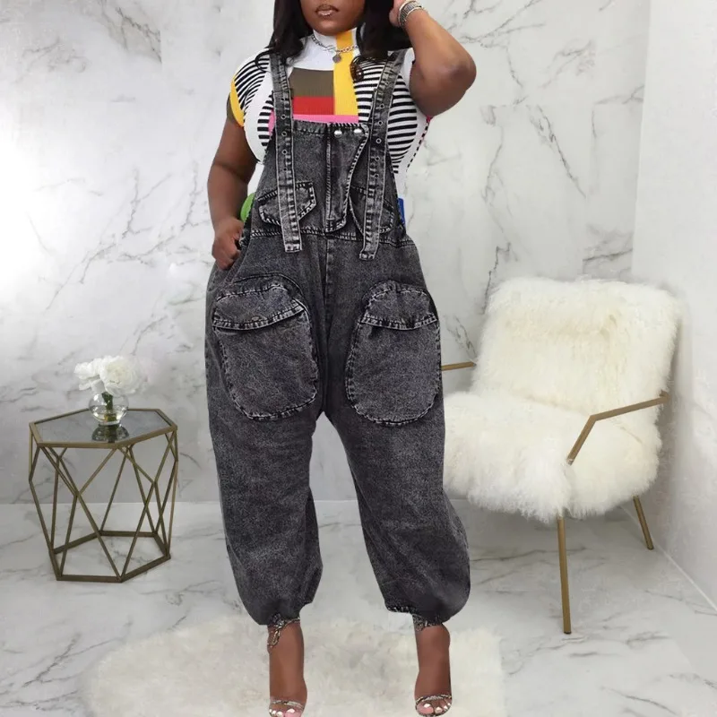 Women Fashion Denim Loose Cargo Jumpsuits Grommet Braces Pockets Wide Leg Pants One Piece Overalls Casual Street Jeans Rompers