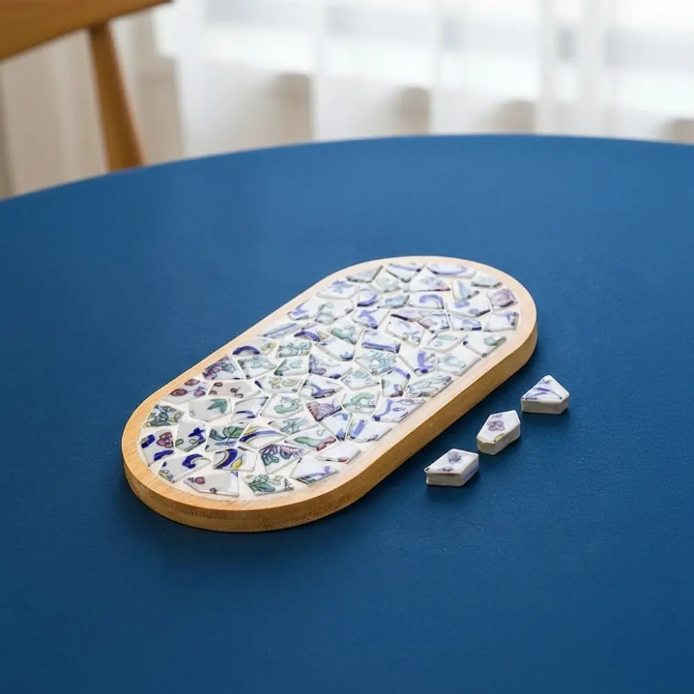 Chinese Style Blue White Porcelain Coaster Material Kit Bamboo Base Smooth Granular Edge Blue White Porcelain Placemat