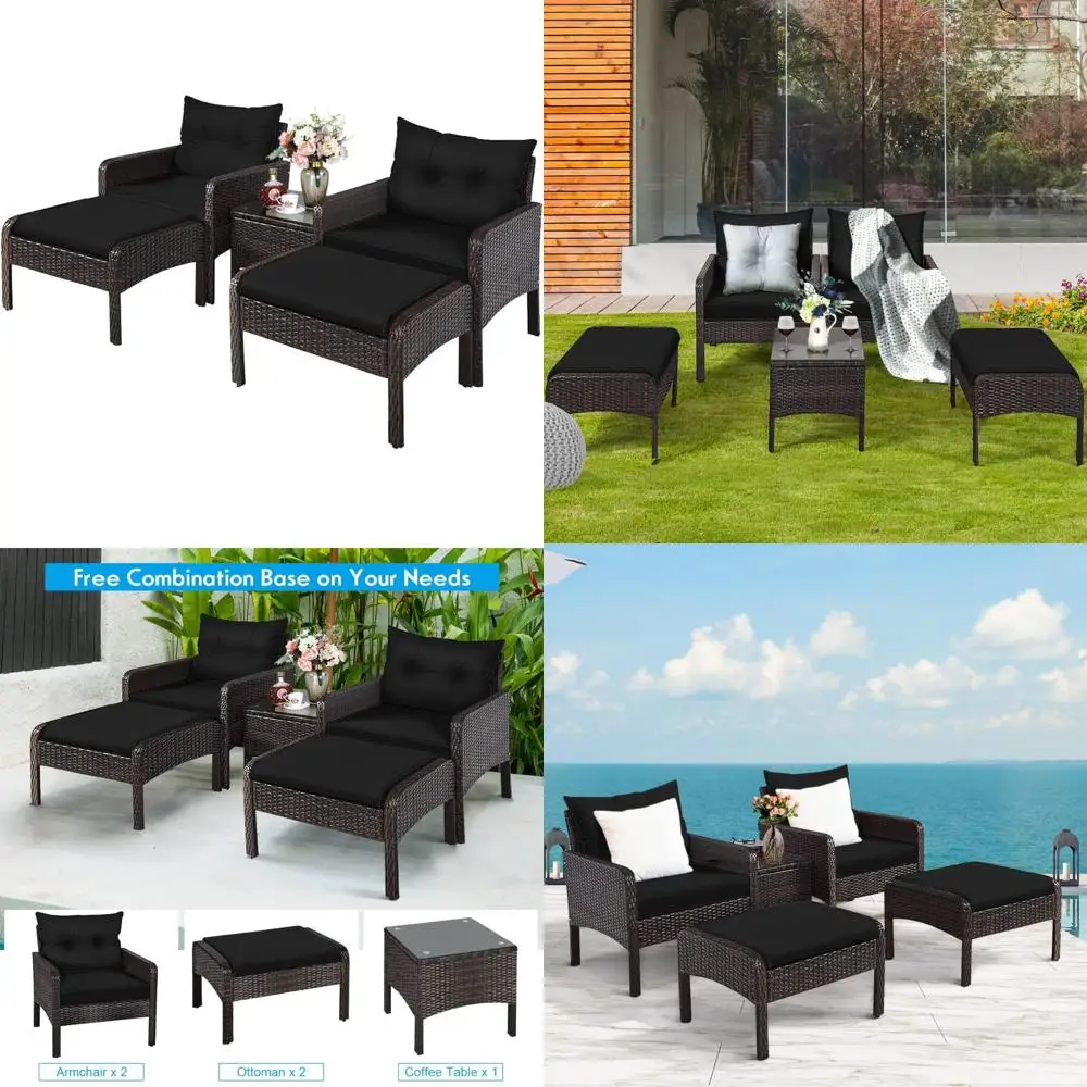 

5-Piece Outdoor Cushioned Wicker Rattan Sofa Set with All-Weather Resistance for Patio, Lawn, and Poolside