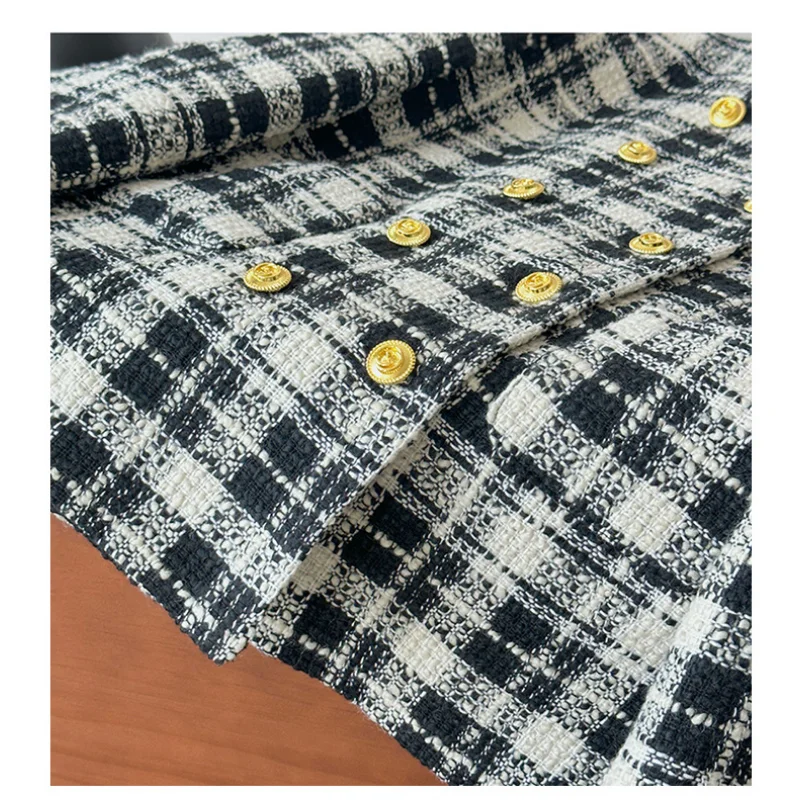 Casual sciolto francese piccola fragranza nero bianco Plaid cappotto O collo lana misto Tweed oro doppio petto Chic cappotto da donna