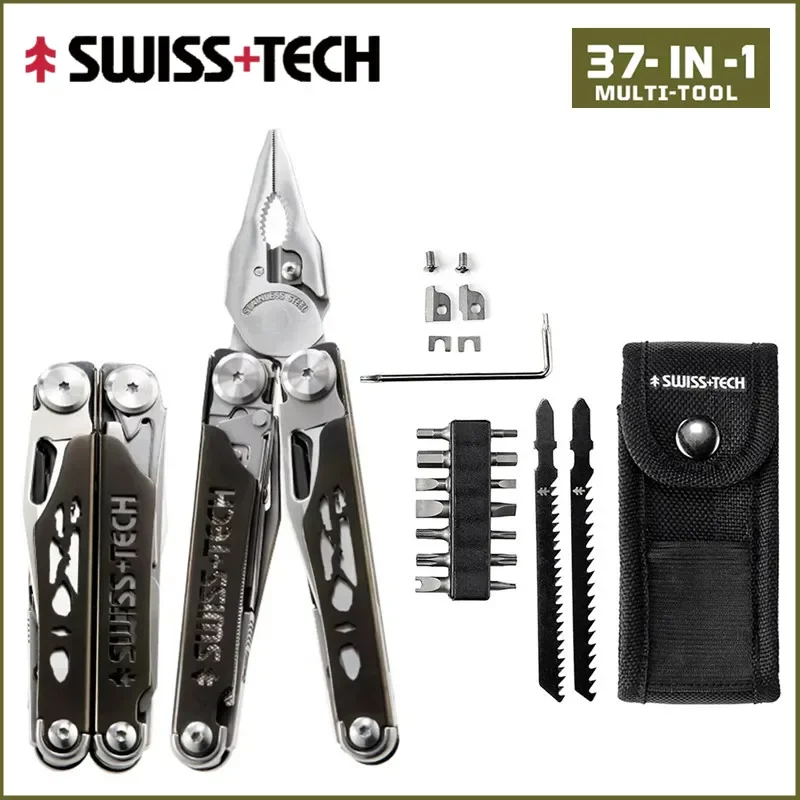 SWISS TECH 37 In 1 Multitool Pliers EDC Folding Multi Tool Scissors Replaceable Saw Blade Outdoor Survival Tool with Sheath Case