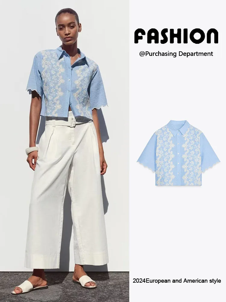 

Faionable ort Sve Turn-down Collar Embroidered Women's irt New Arrival Summer 2025 Versatile Simple Design