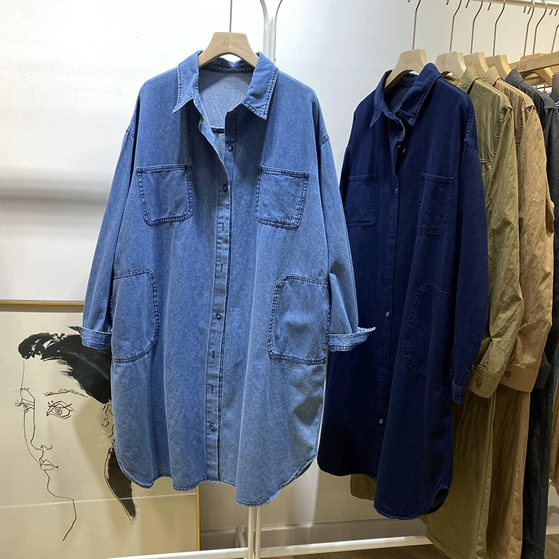 

Sli Longline Denim irt Jaet Women's Spring Autumn Faionable Casual Collar Button up Cotton Loose Fit irt