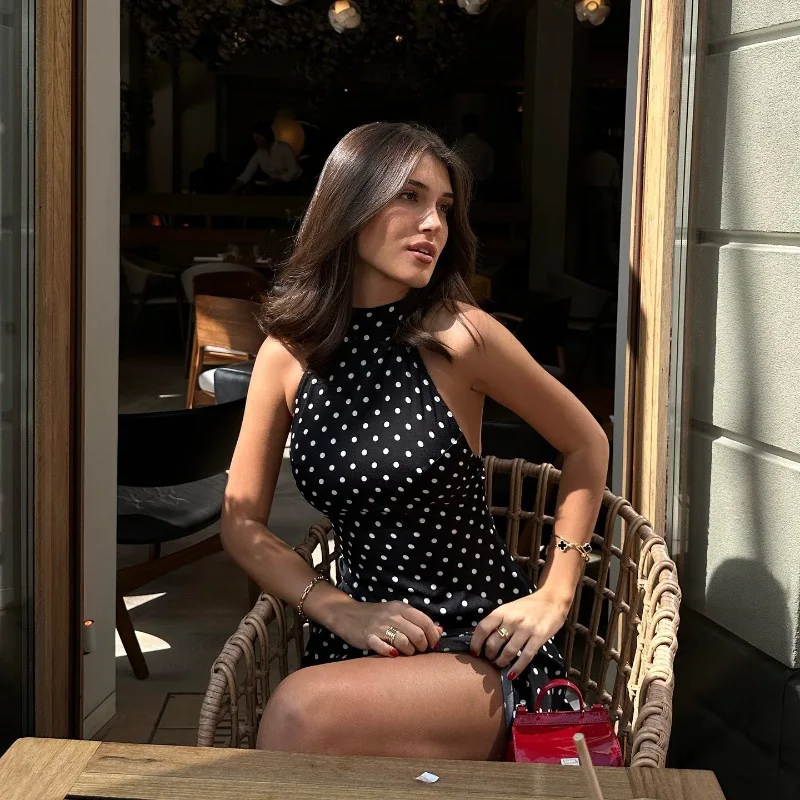Sexy Neckholder-Kleid mit Polka-Dot-Print für Damen, elegantes Partykleid, schmal geschnitten, rückenfrei, ärmellos, Minikleid, Sommer-Urlaubsoutfits – Detail 12