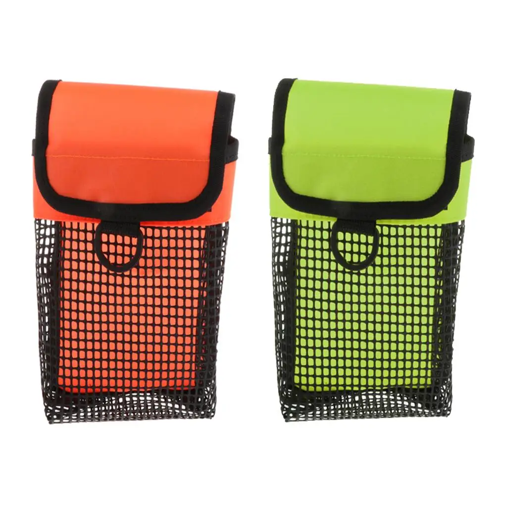 

Compact Mesh Safety Marker Pouch with D Ring and Swivel Snap Waterproof Nylon PVC Carrier for Freediving and Snorkeling Gear