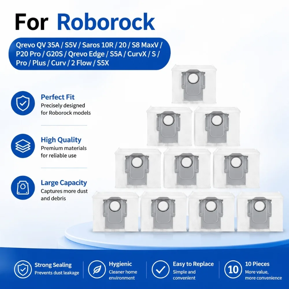 For Roborock Qrevo QV 35A/S5V/Curv/Edge and Saros 10R/20/S8 MaxV Series 12-Pack Dust Bags Vacuum Accessories