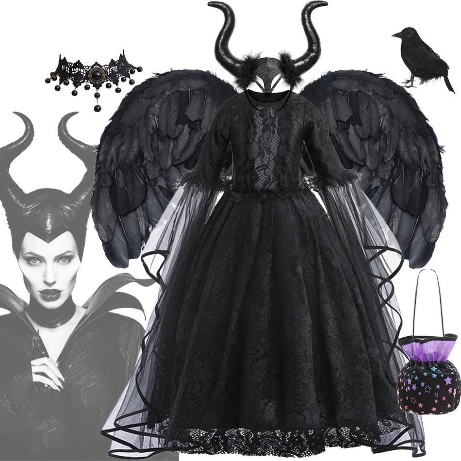 

Halloween Costumes Kids Maleficent Witch Dress Dark Theme Girls Party Dresses Children Lace Sleeve Evil Queen Luxury Lace Gown