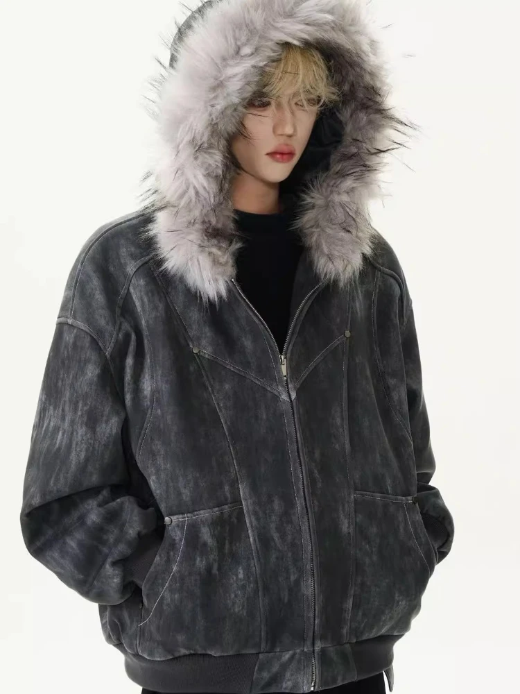 

Зимнее пальто с меховым воротником большого размера, мужская куртка из искусственной кожи, короткие утолщенные теплые хлопковые парки с капюшоном, ветрозащитная верхняя одежда