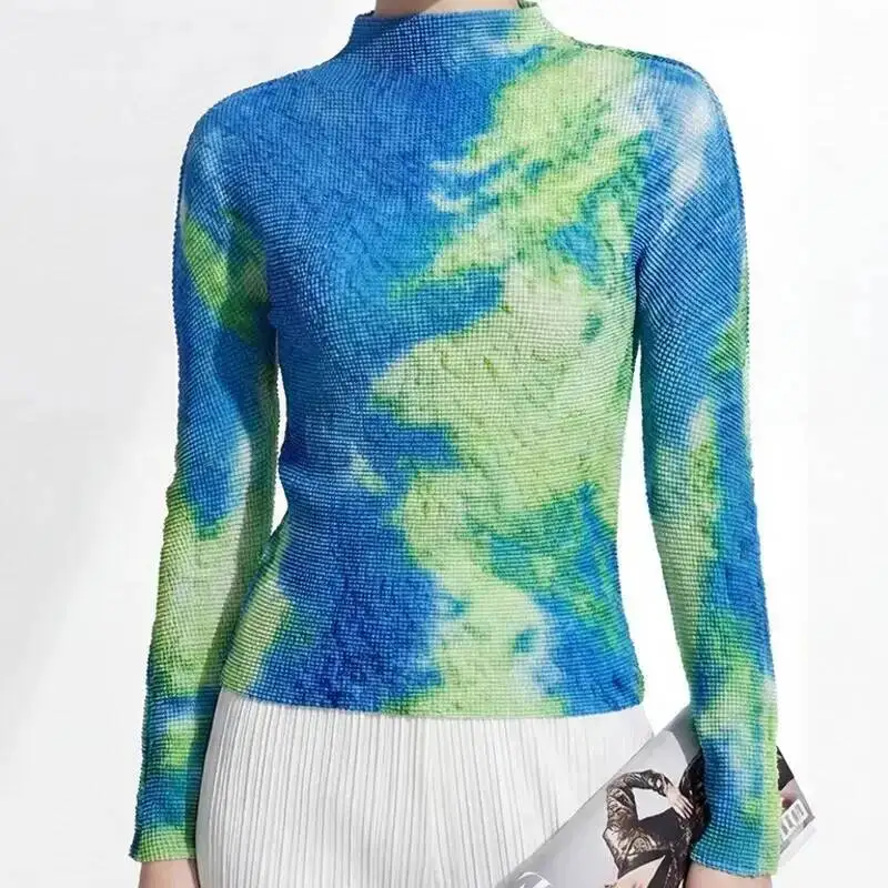 Pink Tie Orange Dye Print Women's Pleated Top Stand Neck Long Sleeve Casual Slim Fit T-shirt 2026 Spring New 2H89V