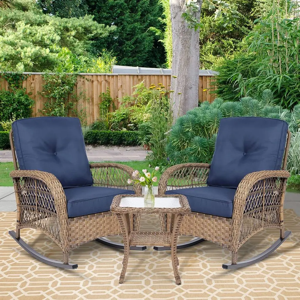 

Navy Blue 3-Piece Outdoor Patio Bistro Rocking Chair Set with Cushions and Glass Top Coffee Table