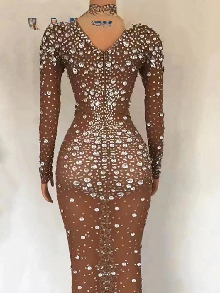 메쉬 생일 축하 이브닝웨어 여성 가수 쇼 시스루 의상 섹시한 진주 스톤 미러 롱 드레스