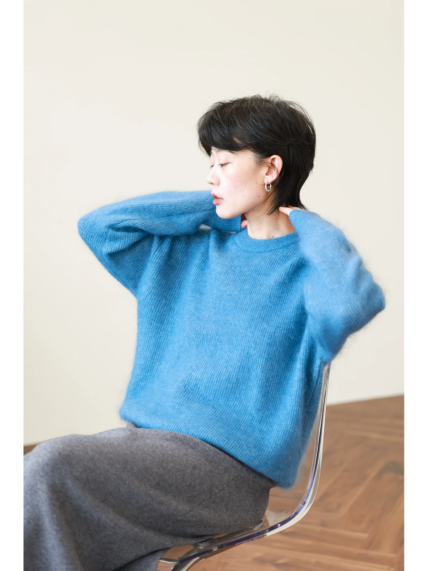 

Синий шерстяной свитер Camere для женщин, свободный вязаный теплый зимний топ из эластичного волокна, смеси нейлона и полиэстера, с длинными рукавами, круглый вырез