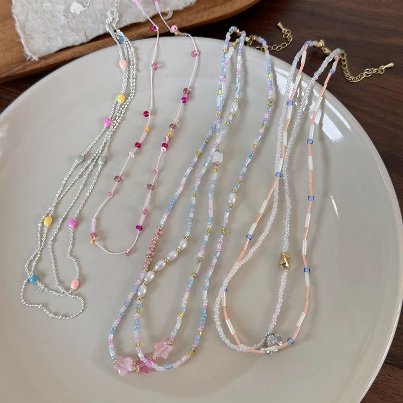 Beaded Choker Colorful Star Flower Sweet Edgy Short Necklace Lightweight Acrylic  Versatile Summer Daily Jewelry Women