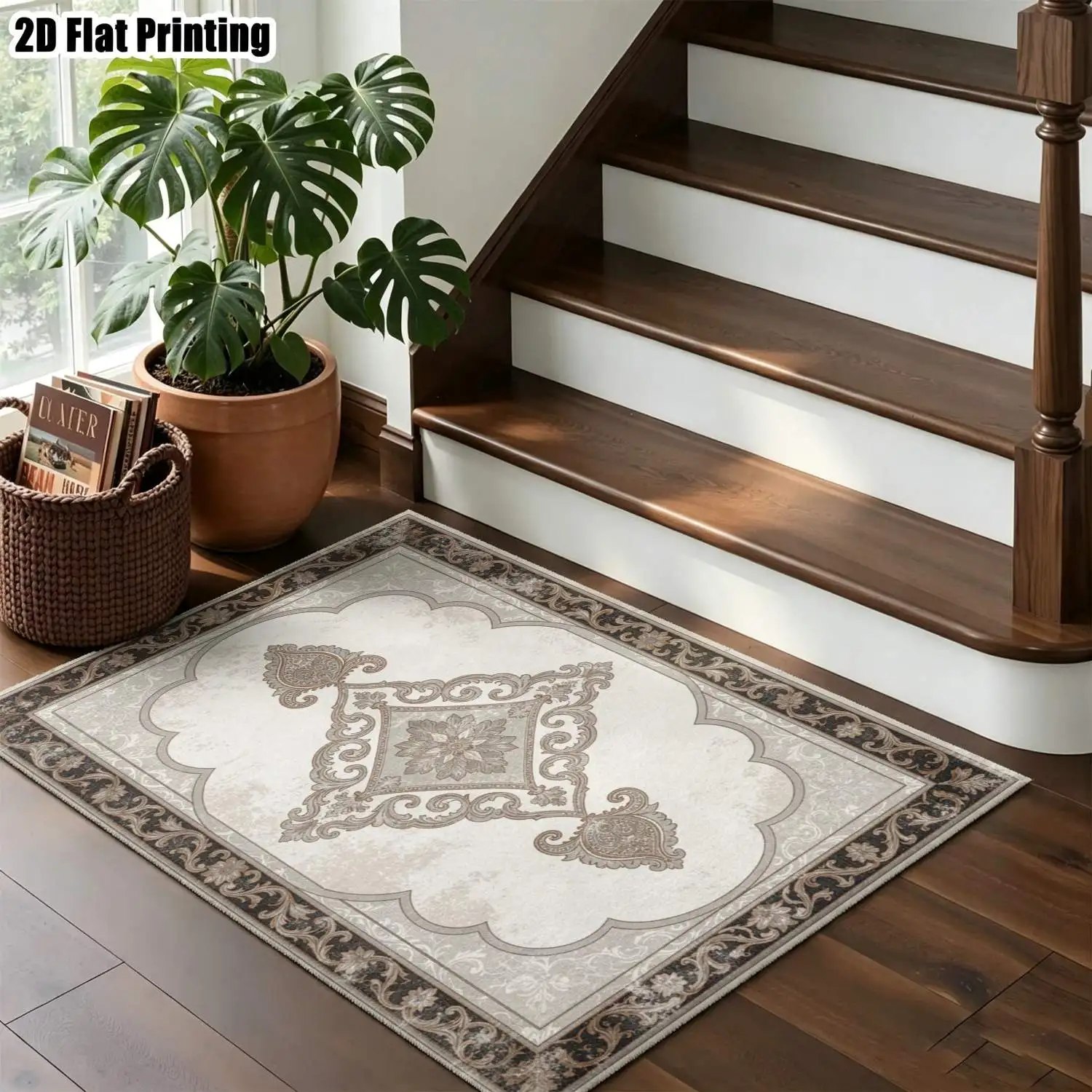 1Pc 2D Printed Beige Brown Retro Floral European-Style Carpet, Machine Washable, Multi-Size, Suitable for Home Decor, Door Mats, Dining Room, Foyer, Bedroom, Living Room