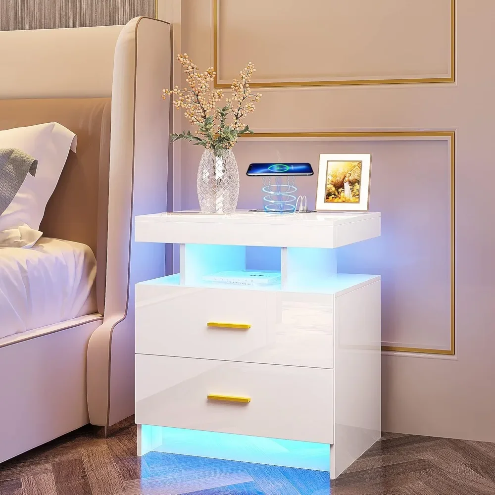 LED Nightstands Set of 2,Modern Bedside Table with 2 Ports & Wireless Charging Station,High Gloss Bedside Tables with 2 Drawers