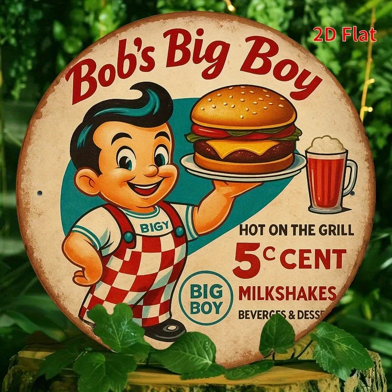 Vintage Bob's Big Boy Burger Diner Themed Round Metal Tin Sign Retro Restaurant Kitchen Wall Decor Art Plaque
