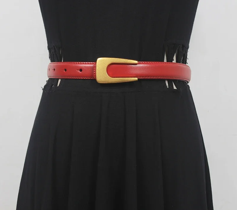 New Women's Designer Retro Runway Fashion Genuine Leather Female Dress jeans Waistband Belts Decoration Narrow Belt F55