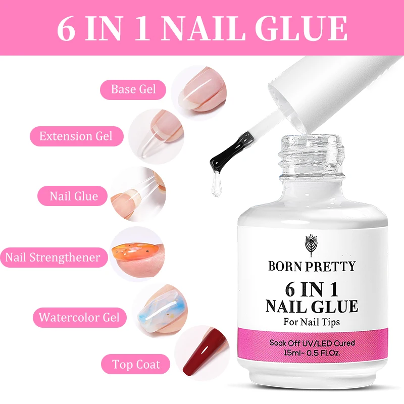 BORN PRETTY 6 IN 1 Nail Glue Gel 15ML for Acrylic Nails Soak off Base Gel Top Coat UV Extension Nail Gel False Nail Tips Gel