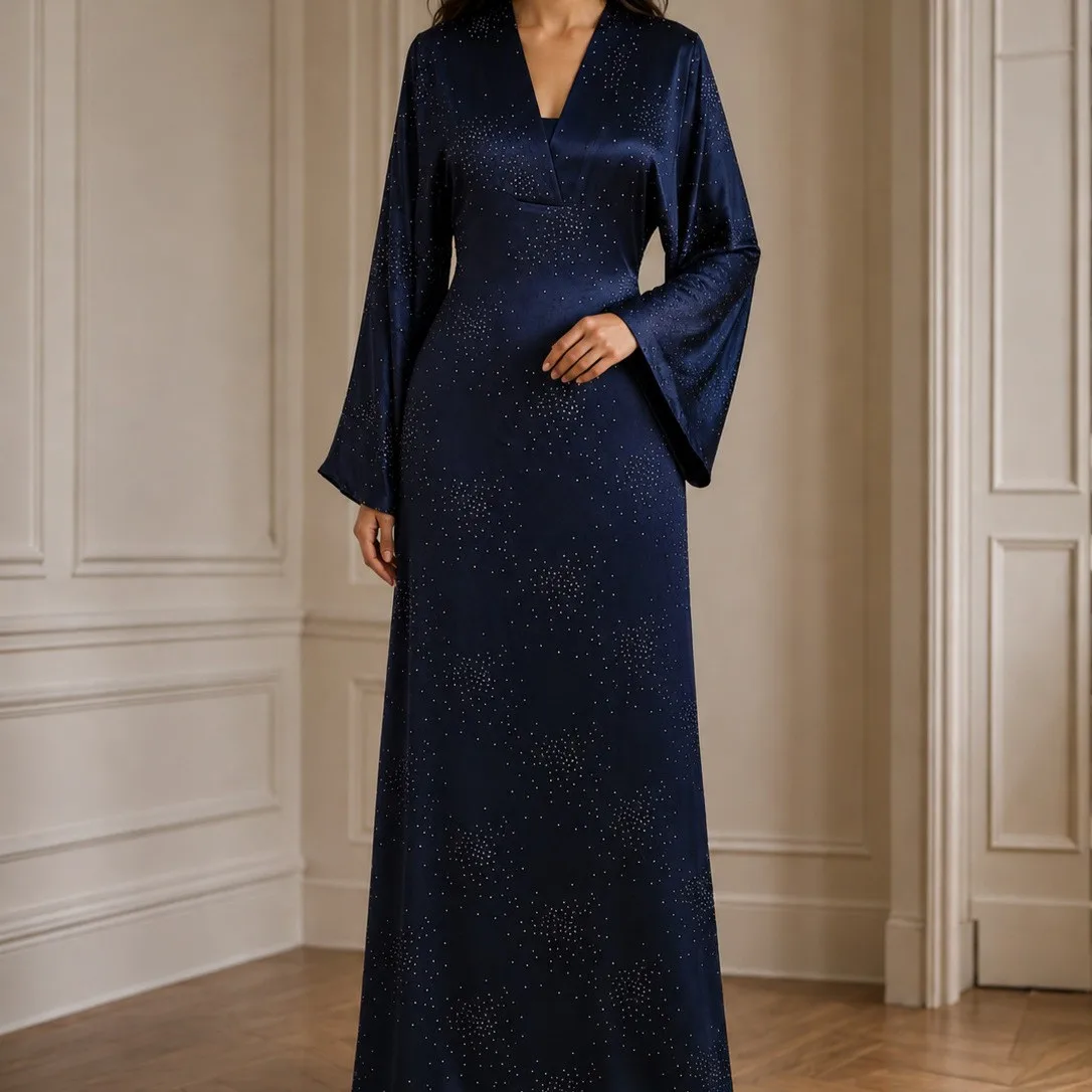 Low Waist Round Neck Gown Straight Cut Sweet and Fresh with Long Sleeve Style Straight Skirt Maxi Length Dress Summer for Women