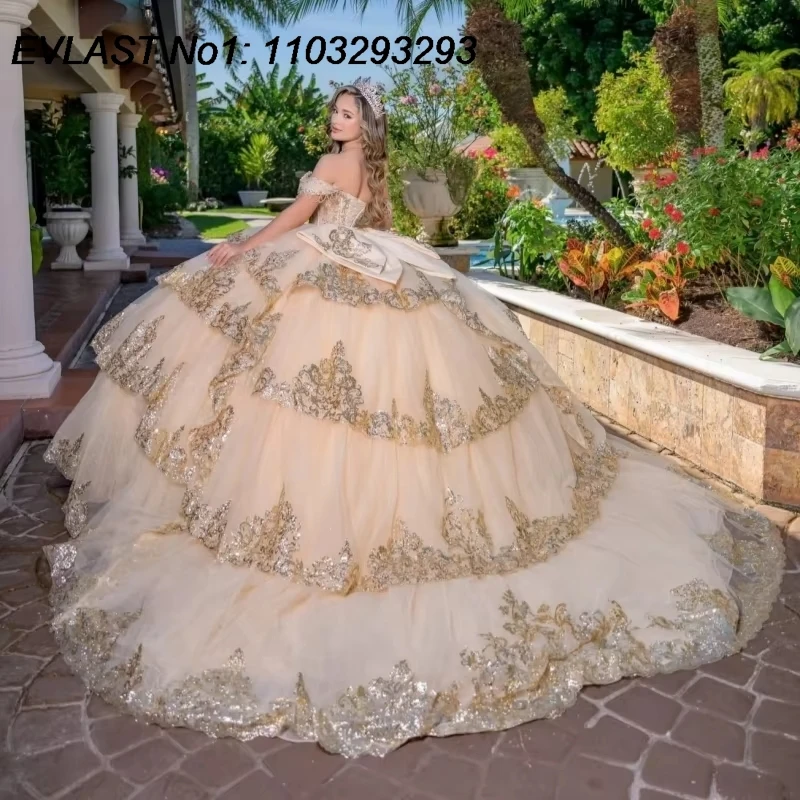 EVLAST Vestido de Quinceañera Personalizado con Lentejuelas y Brillo, Vestido de Gala con Apliques de Lentejuelas y Cuentas, Lazo, Vestidos de 15 Años AQ14
