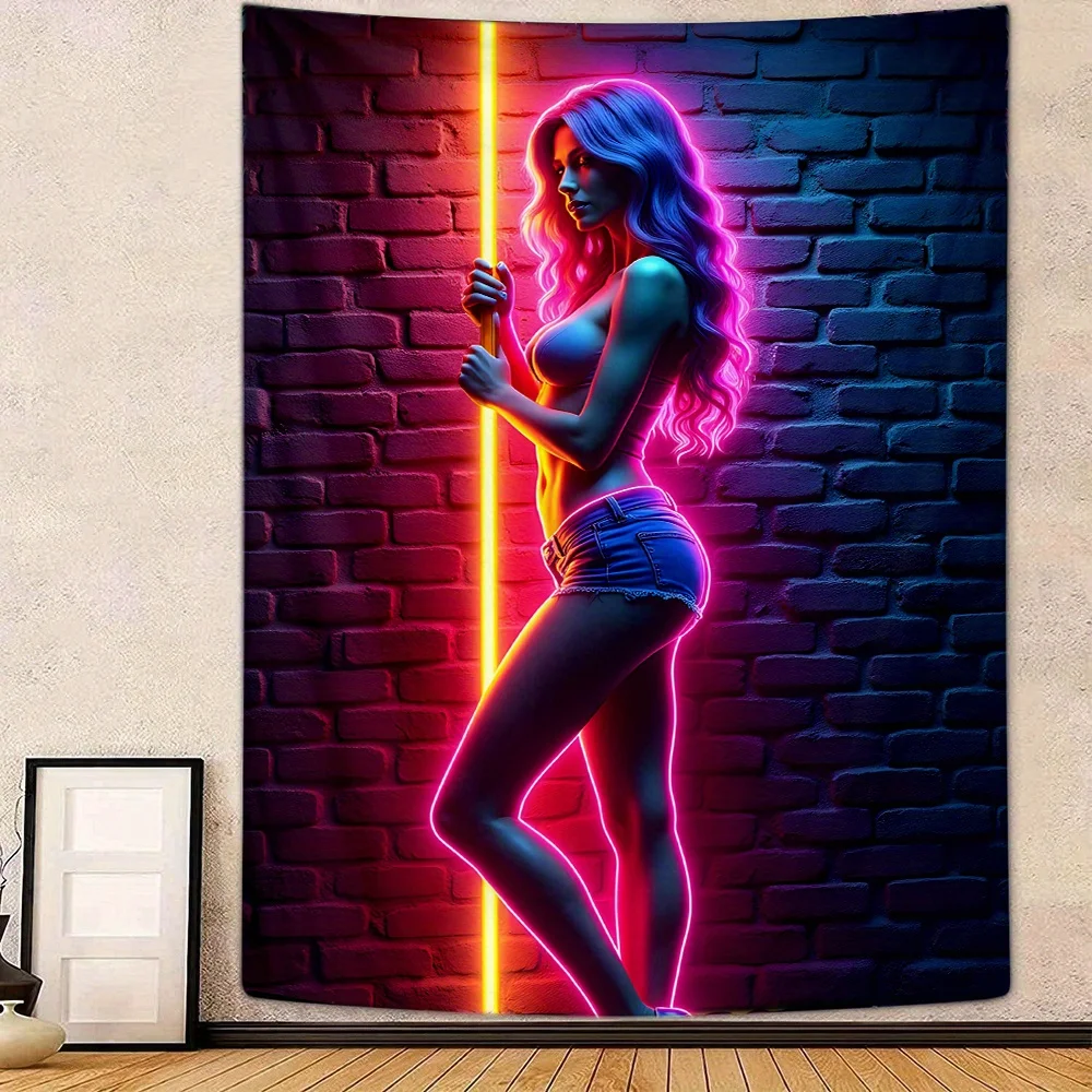 Neon pole dancer glowing in vibrant purple and pink lights against brick wall digital art fantasy woman dance performance