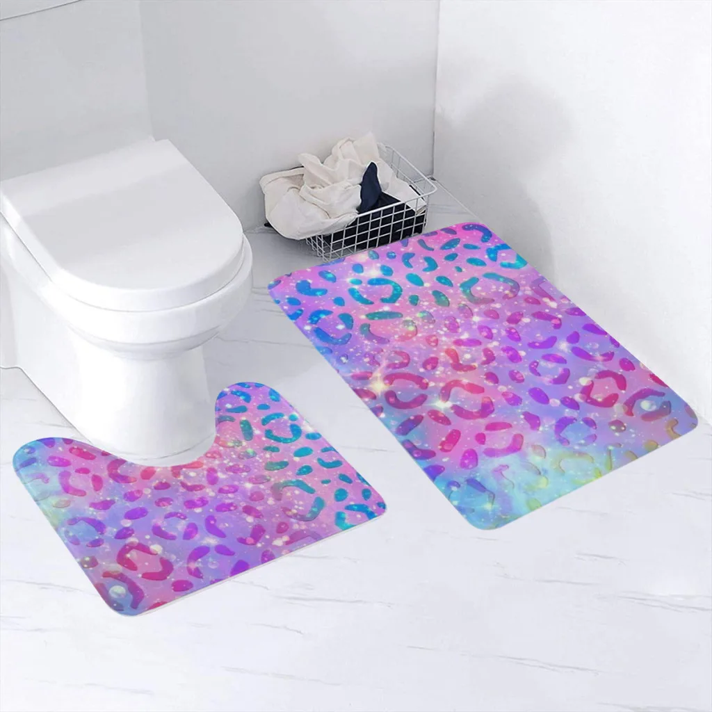 Colorful Leopard Sparkly 2 Sets Bathroom Antiskid Pad Non-Slip Bath Carpet Floor Mat Rug Flannel Baths Mat Bathroom Washable