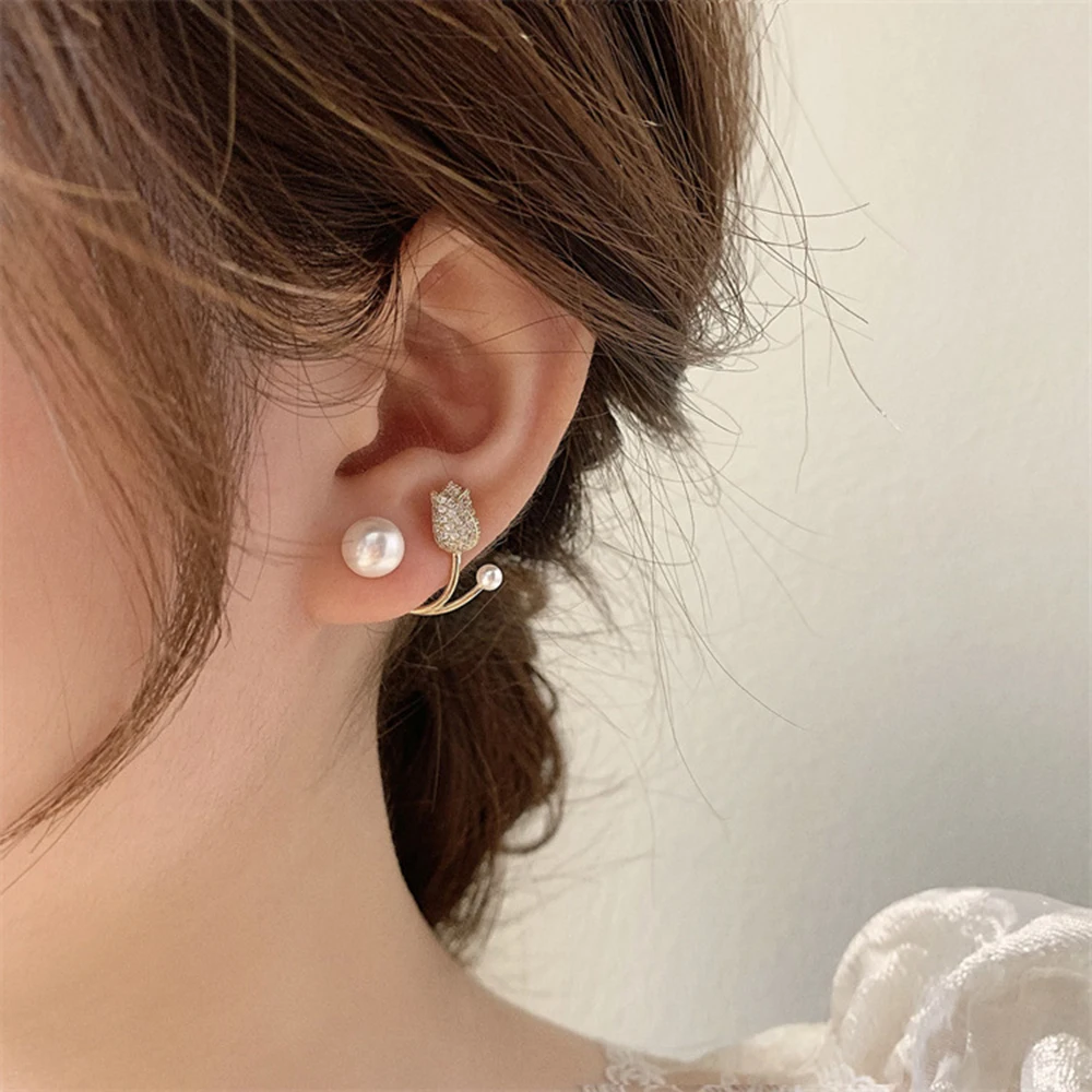 French Light Luxury Crystal Tulip Flower Stud Earrings For Women Korean Zircon Exquisite Earring Party Christmas Jewelry Gift