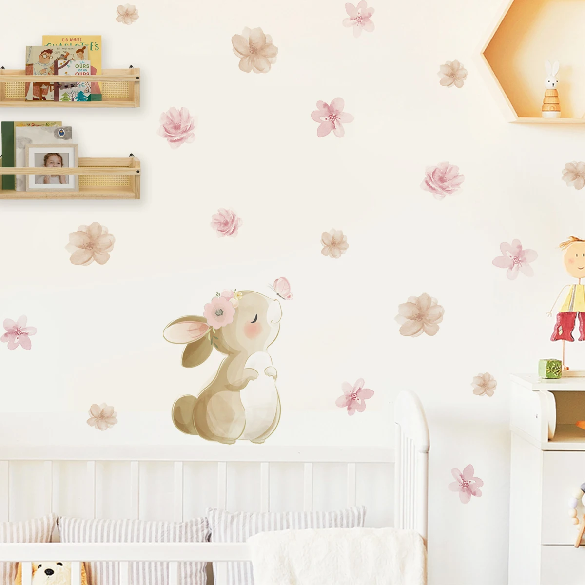 Boho Cartoon Rabbit Butterfly Flowers Wall Sticker Nursery Kids Room Home Decoration Mural Living Room Bedroom Bunny Stickers