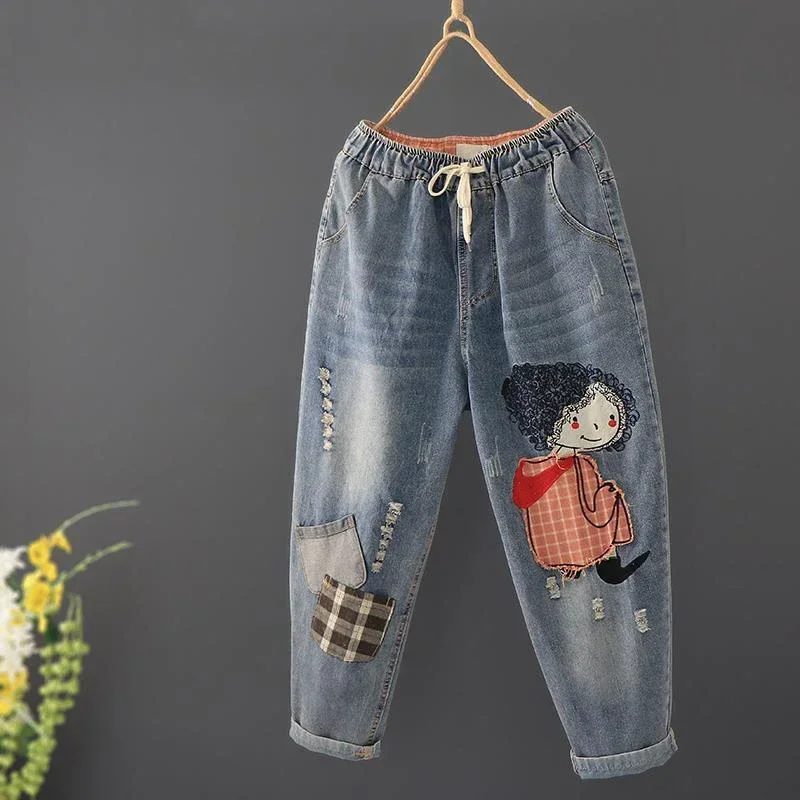 Spring New Korea Fashion Patch Designs Cartoon Embroidery Loose Women Jeans Elastic Waist Casual Cotton Denim Pants