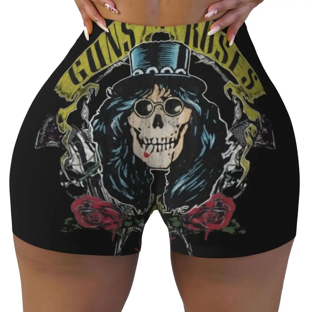 Custom Guns N Rose Skull Heads Band Workout Biker Running Shorts Women Gym Yoga Shorts