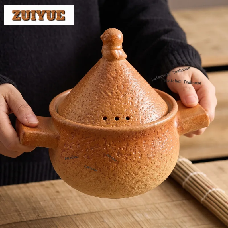 HOYIHM 1100ml Golden Ceramic Casserole Pot Double Ear Clay Pot For Claypot Rice Soup Stew Heat Resistant Gas Stove Cookware