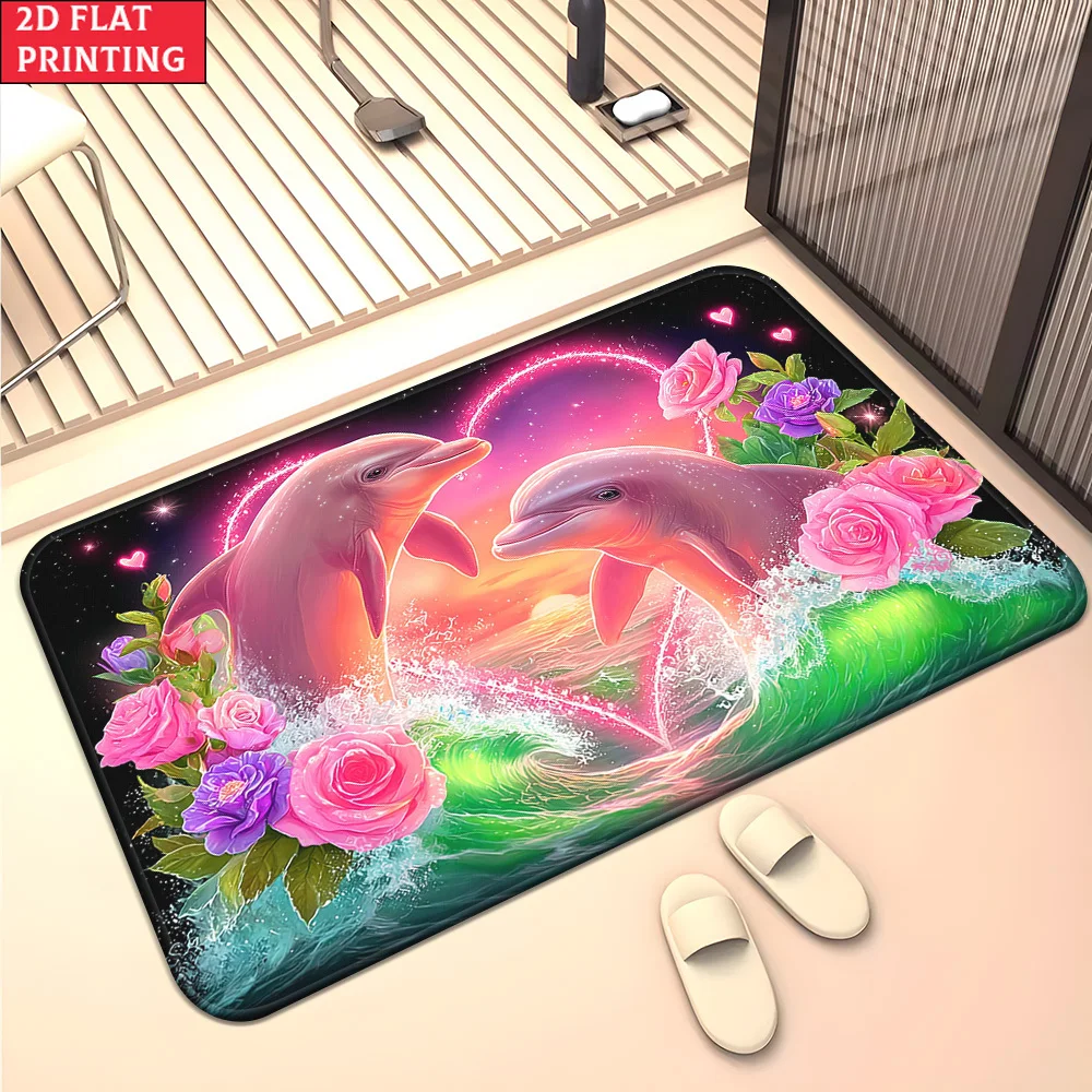 Romantic Dolphin Bath Mat Pink Rose Flower Floor Mat Non Slip Bathroom Rug Soft Carpet Welcome Mats Front Door Home Decor