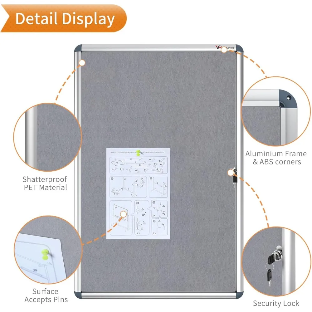 Noticeboard de alumínio com tampa à prova de violação de tecido cinza 36x24 polegadas