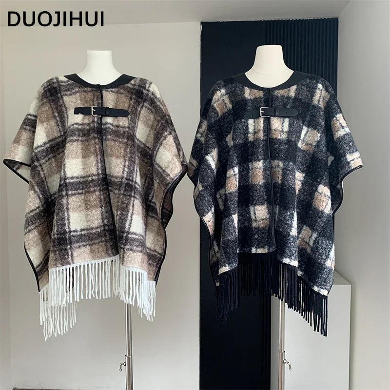 Duojihui klassische Kontrast farbe Mode lose Frauen Umhänge Winter neue vvintage Basic Plaid Chic Quasten einfache weiche weibliche Umhänge