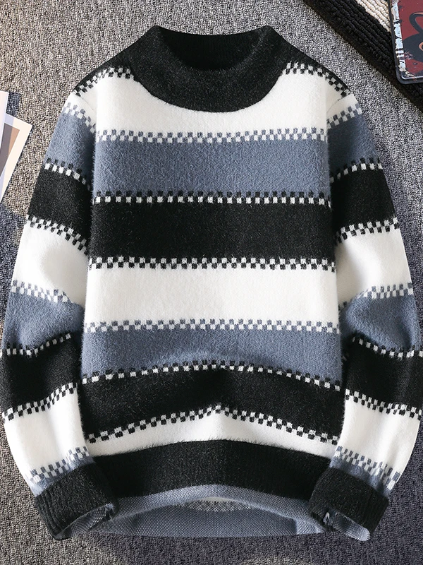 Suéter Masculino de Tricô com Pelo de Coelho Aquático, Estilo Casual de Outono/Inverno, Top Quente de Manga Longa com Gola Re...