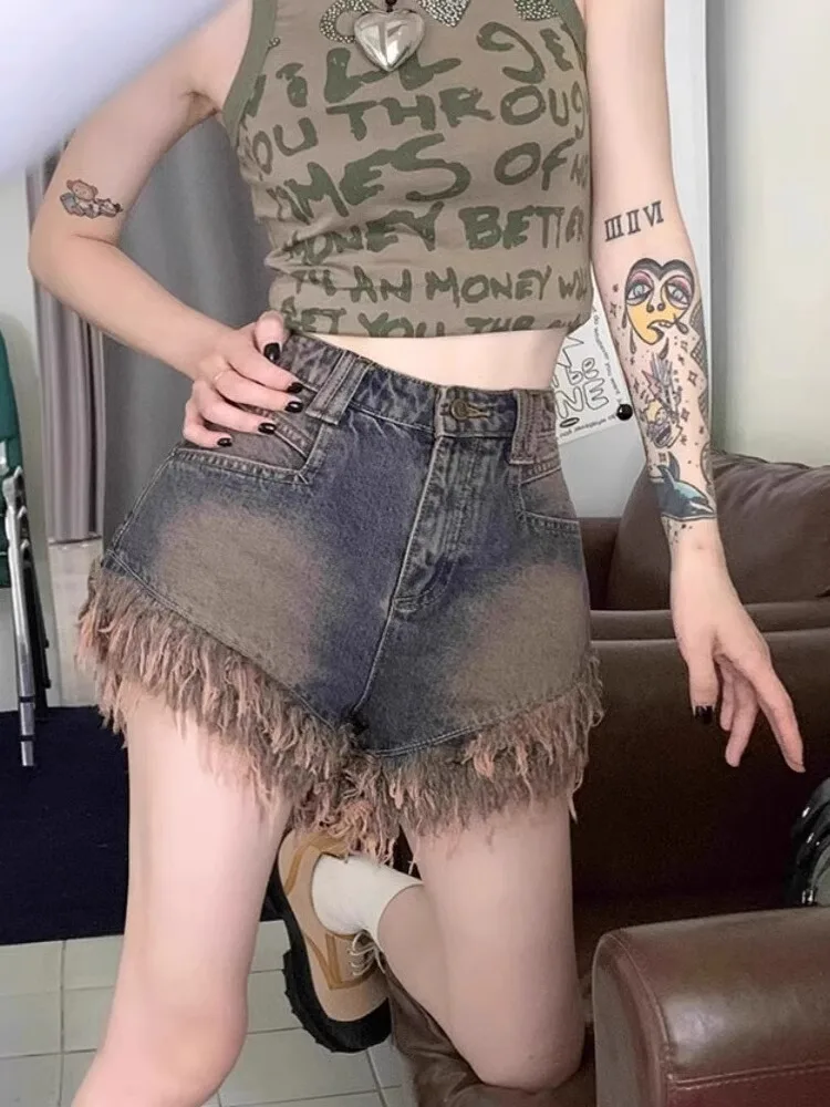 ヴィンテージ レディース デニム ショートパンツ ハイウエスト フリンジ 女性用 ショートジーンズ ホットパンツ 原宿ファッション 服 2025 ギャル ジョーツ セクシー ボールズ