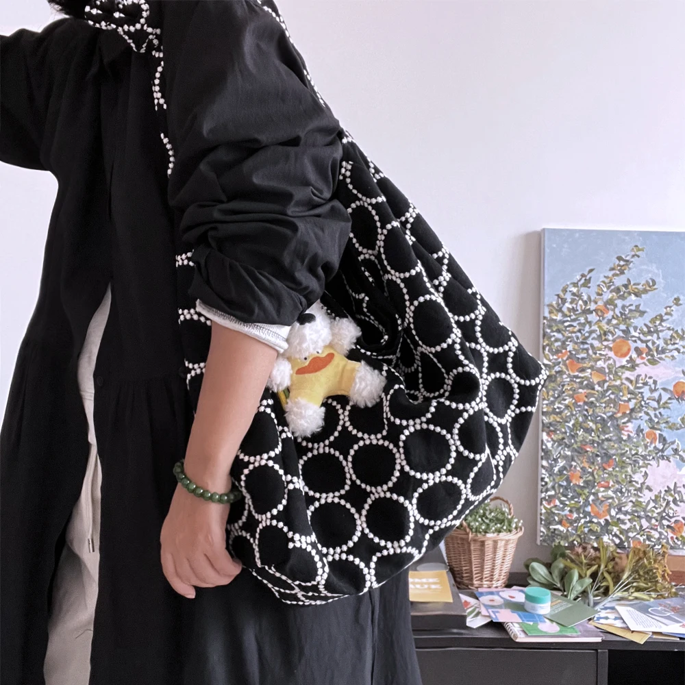 Heavy Embroidery Cotton Linen Hobo Bag Women's Crossbody Bag Large Capacity Shoulder Bag Japanese Style All Black And White C...