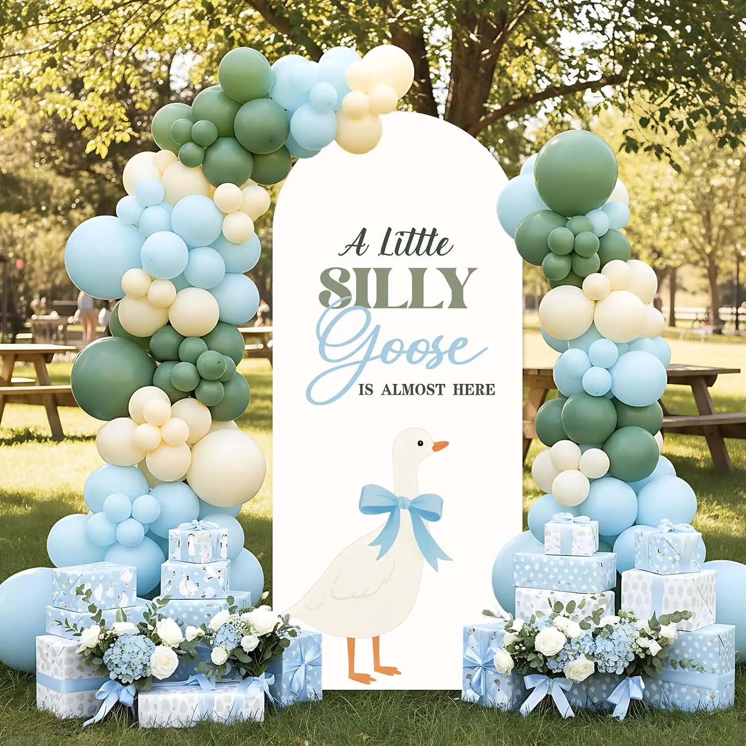 Custom 2-sided Silly Goose Baby Shower Arch Backdrop Cover A Little Silly Goose is Almost Here Background Gender Reveal Party
