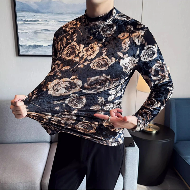 

Men's Stand-up Collar Long-sleeved Floral Print T-shirt Stretchable, Comfortable and Stylish Slim-fit Printed Base Shirt.