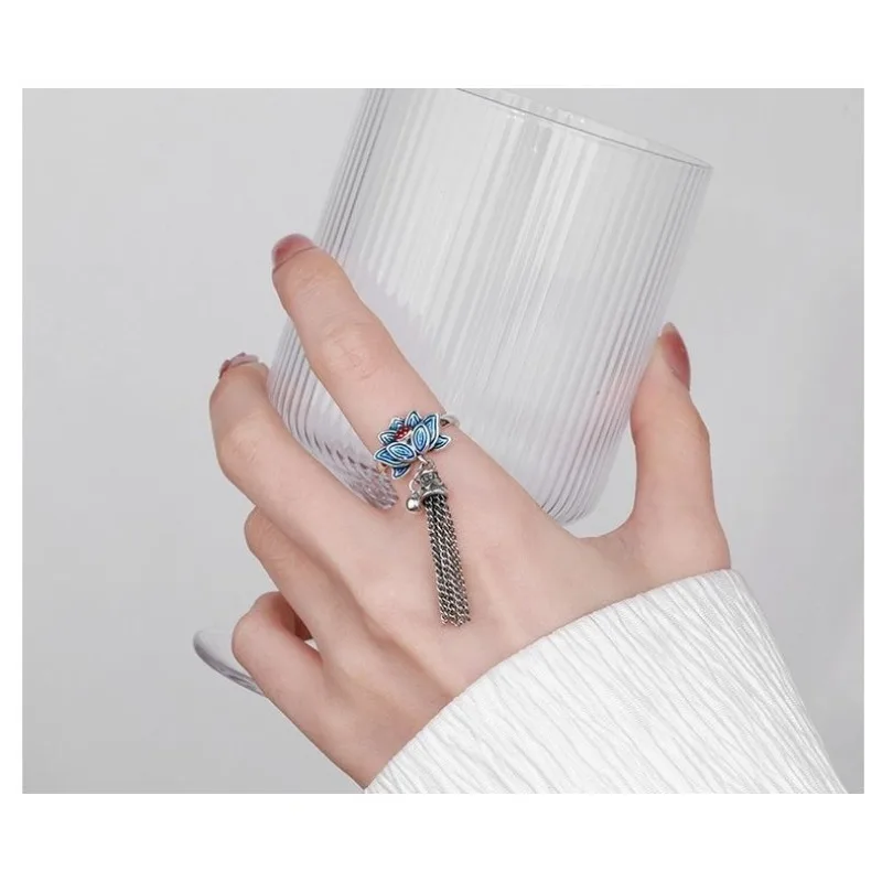 Drip Glazed Blue Lotus Bell Ring Adjustable Vintage Ethnic Artistic Statement Piece Cultural Revival Tassel Handcrafted Jewelry