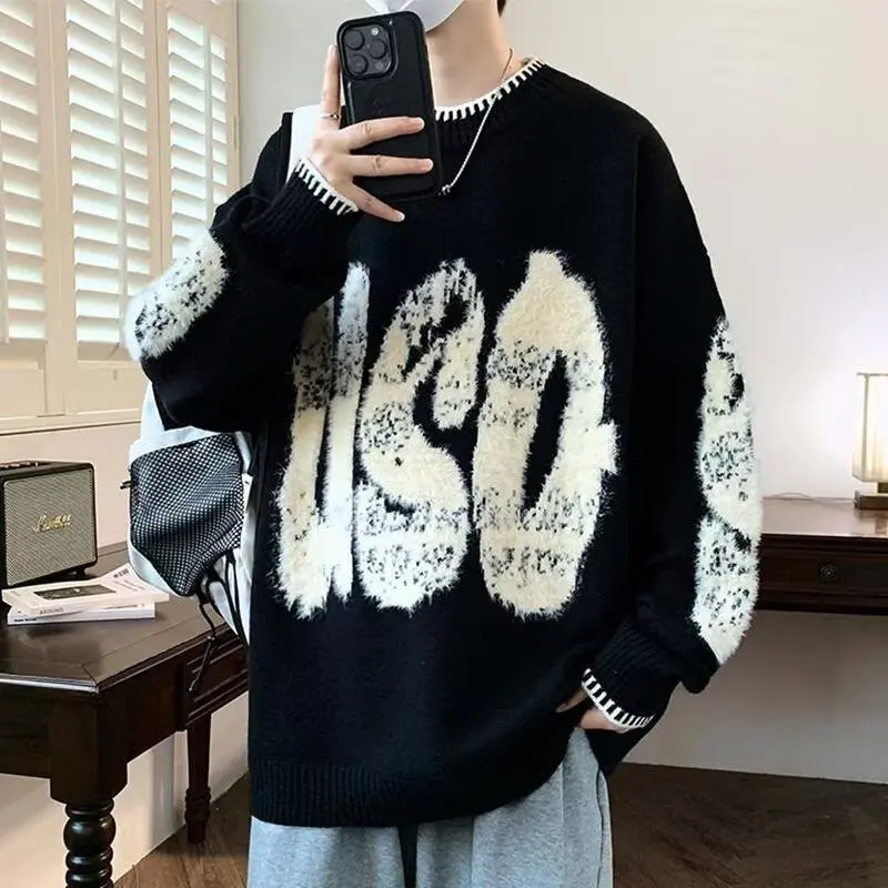 

Мужской круглый вязаный свитер, свободный крой, цветной дизайн, осень-зима, теплый повседневный модный полиэфирное волокно